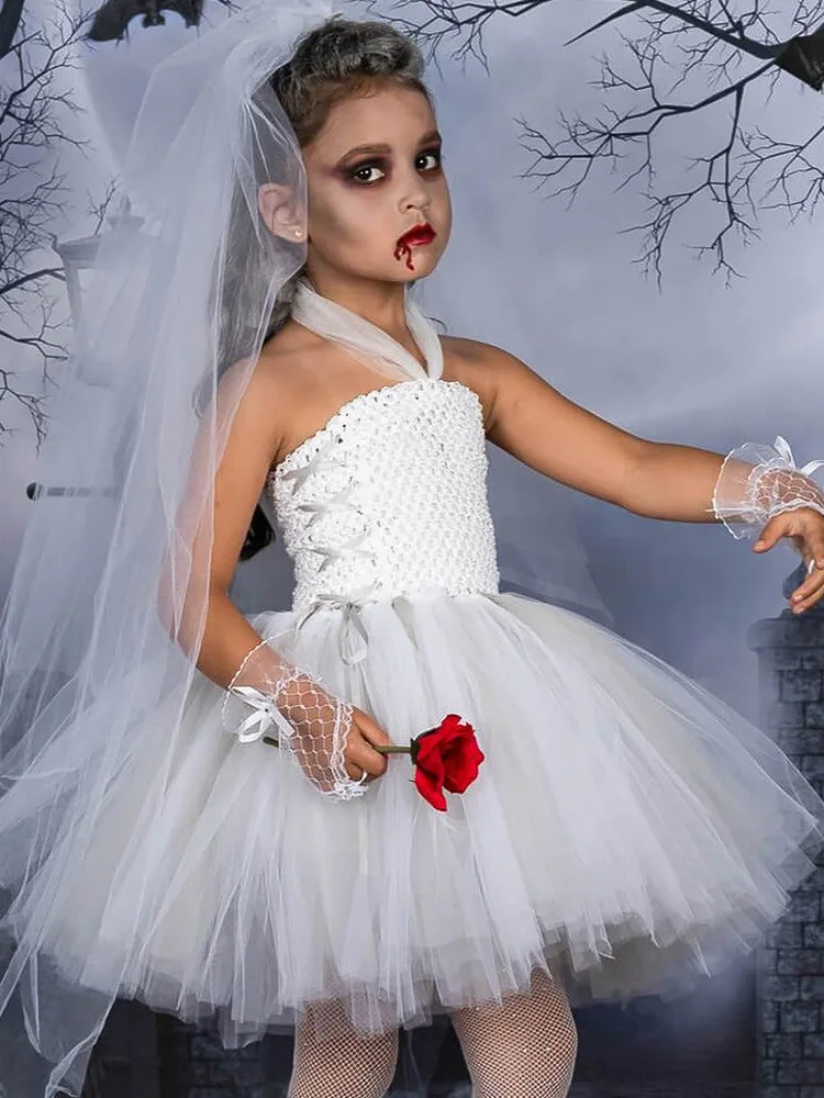 

Children's Zombie Clothing Children's Ghost Bride White Wedding Dress Halloween Vampire Girl Poncho Dress