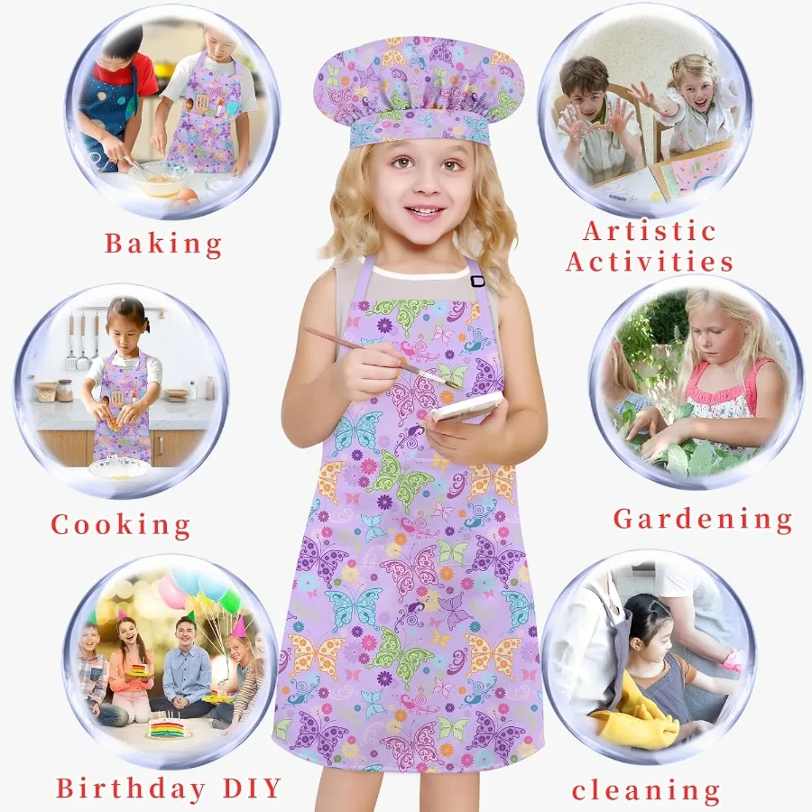 مجموعة قبعة الشيف ومريلة مع جيبين كبيرتين للفتيات والأولاد، مآزر أزياء الشيف القابلة للتعديل للخبز Cng