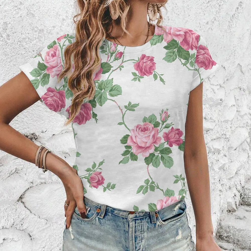 Fashion New Breathable Loose Round Neck T-shirt Summer Casual Comfortable T-shirt Vintage Flower Print Elegant Women\'s T-shirt