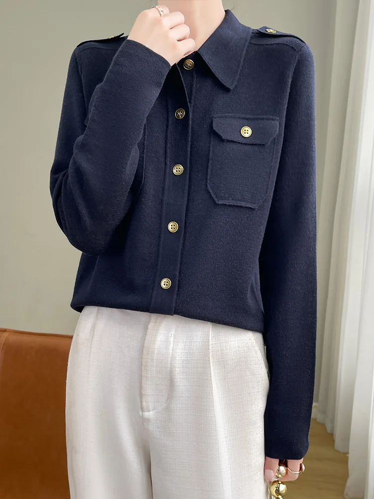 2025 nueva Otoño Invierno lana peinada Spinning camisa de manga larga POLO cuello cárdigan mujer camisa ligera de lujo moda ocio Top