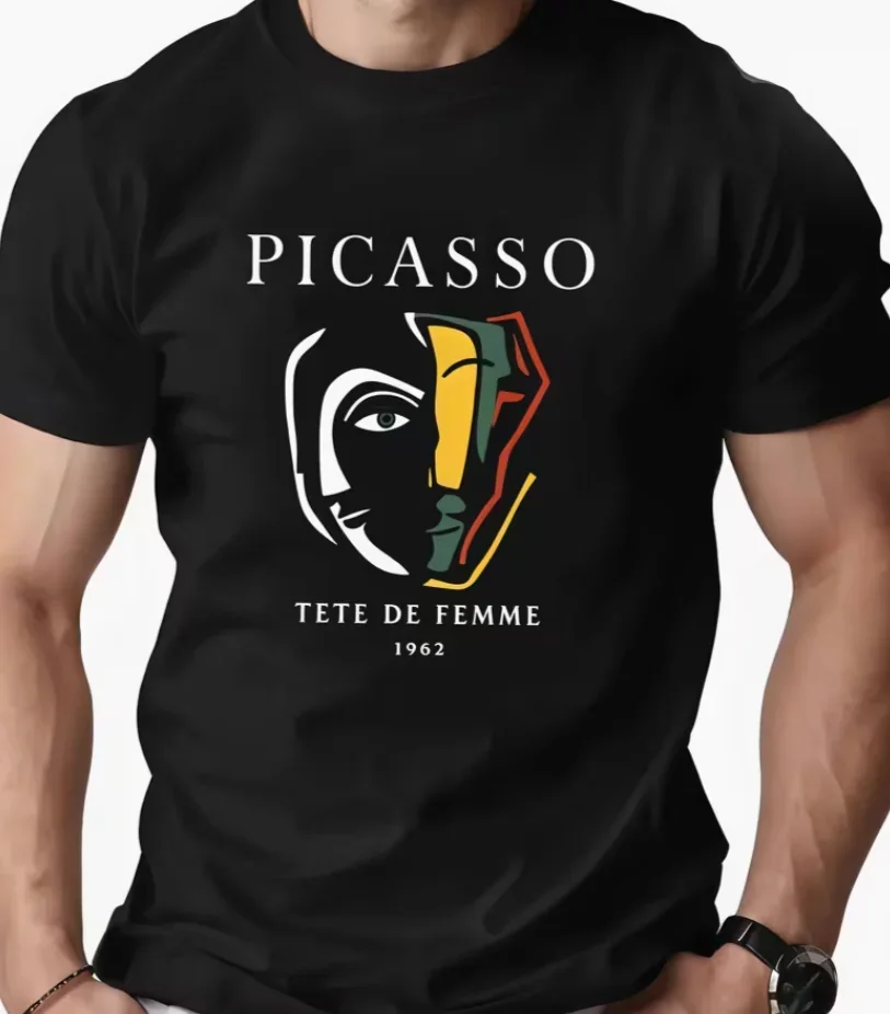 Men'S Adult T-Shirt Fashionable Trendy Print, Featuring Picasso'S 1962 TETE DE FEMME Cubist Portrait and Print on Chest T-Shirt