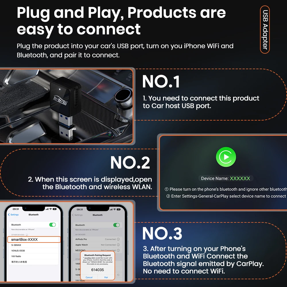 MMB Mini Wired to Wireless Apple CarPlay Adapter Fota upgrade Wifi BluetoothV5.2 USB Plug and Play Auto-Connect for Audi Porsche