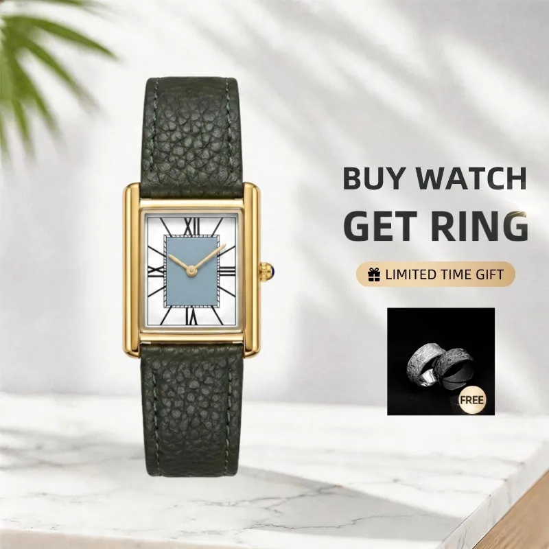 CILOA Luxury Minimalist Square Watch Gold Case Grey Dial Green Strap Versatile for Business & Casual Men's Watch