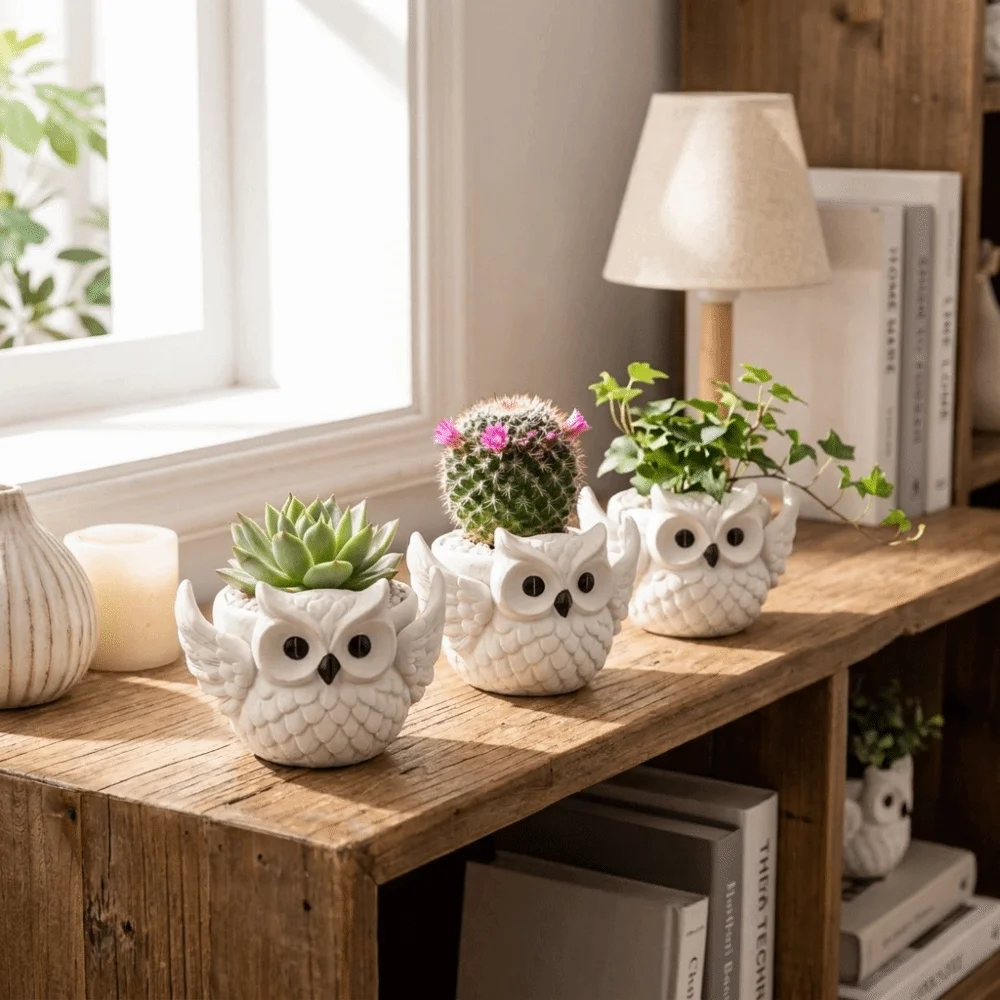 Mini Figurine 3D Printed Owl Flower Pot Cute Hollow Out Owl Ornament Plastic Owl Storage Box Office Desk