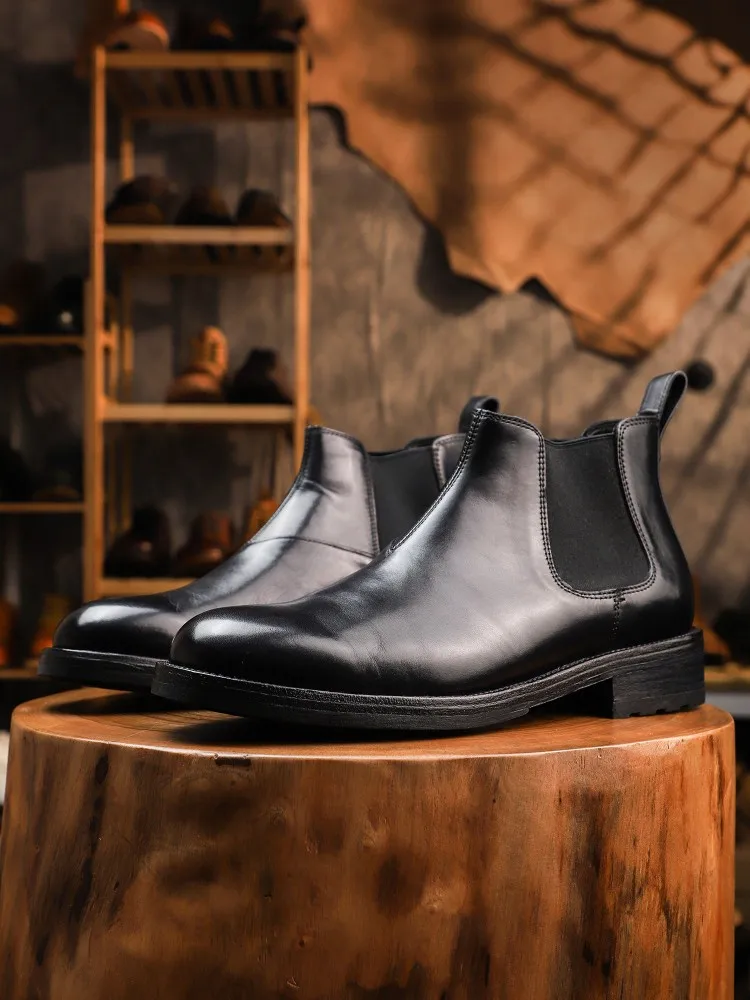 Mens British Style Horsehide Genuine Leather Chelsea Boots Round Toe Slip On Platform Business Casual Ankle Boots High Top Shoes