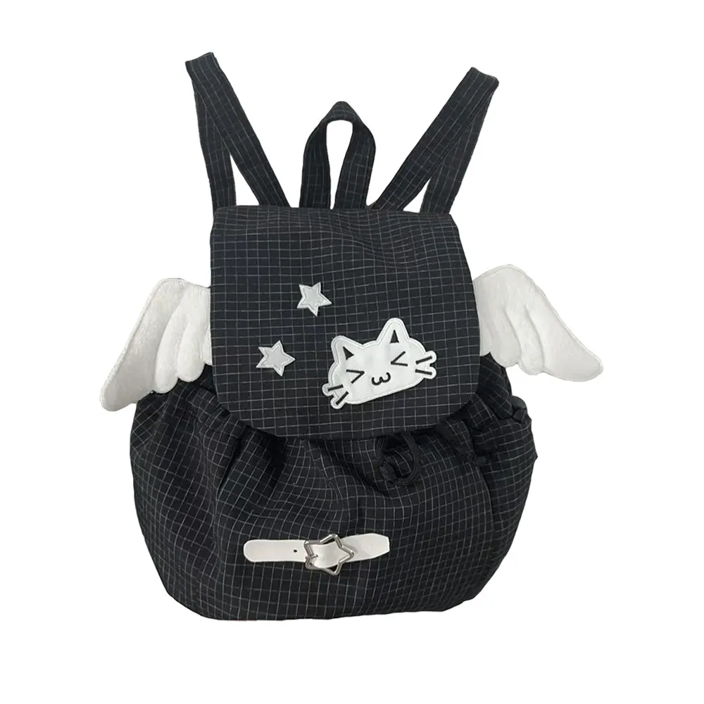 DoLife Store Y2K 2026 New Cute Wings Backpack Little Angel Cat Drawstring Belt Plaid Backpack Home Subculture