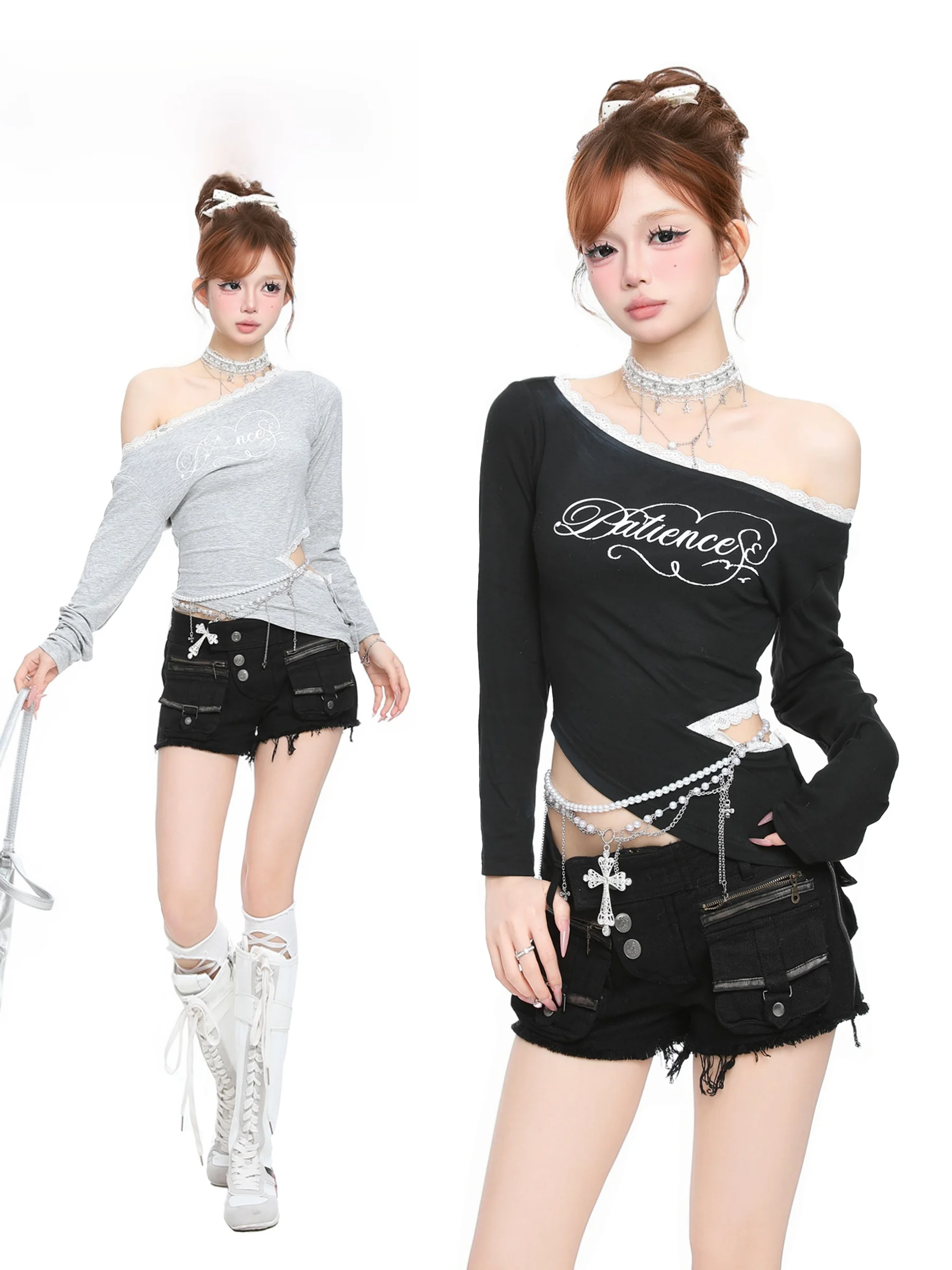 

Basterds American Sle Hot Girl Lace Splice Diagonal Collar oulder Bared Long Sve T irt Women Slimming Base irt Top