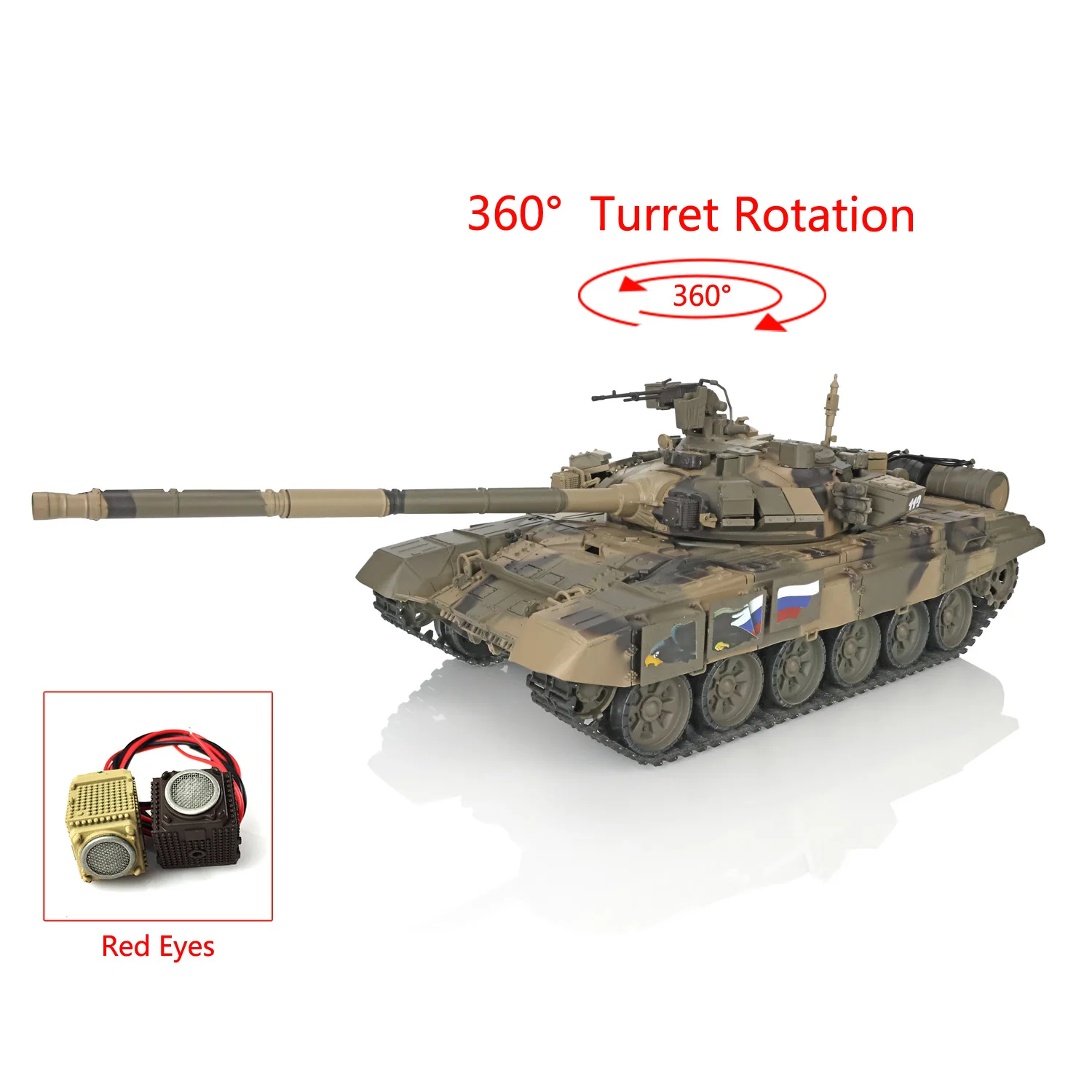 HENG LONG 1/16 7.0 Plastic Russia T90 RTR RC Tank 3938 W/ 360° Turret Red Eyes Painted Yellow Light BB Pellet Smoke Toys TH17844