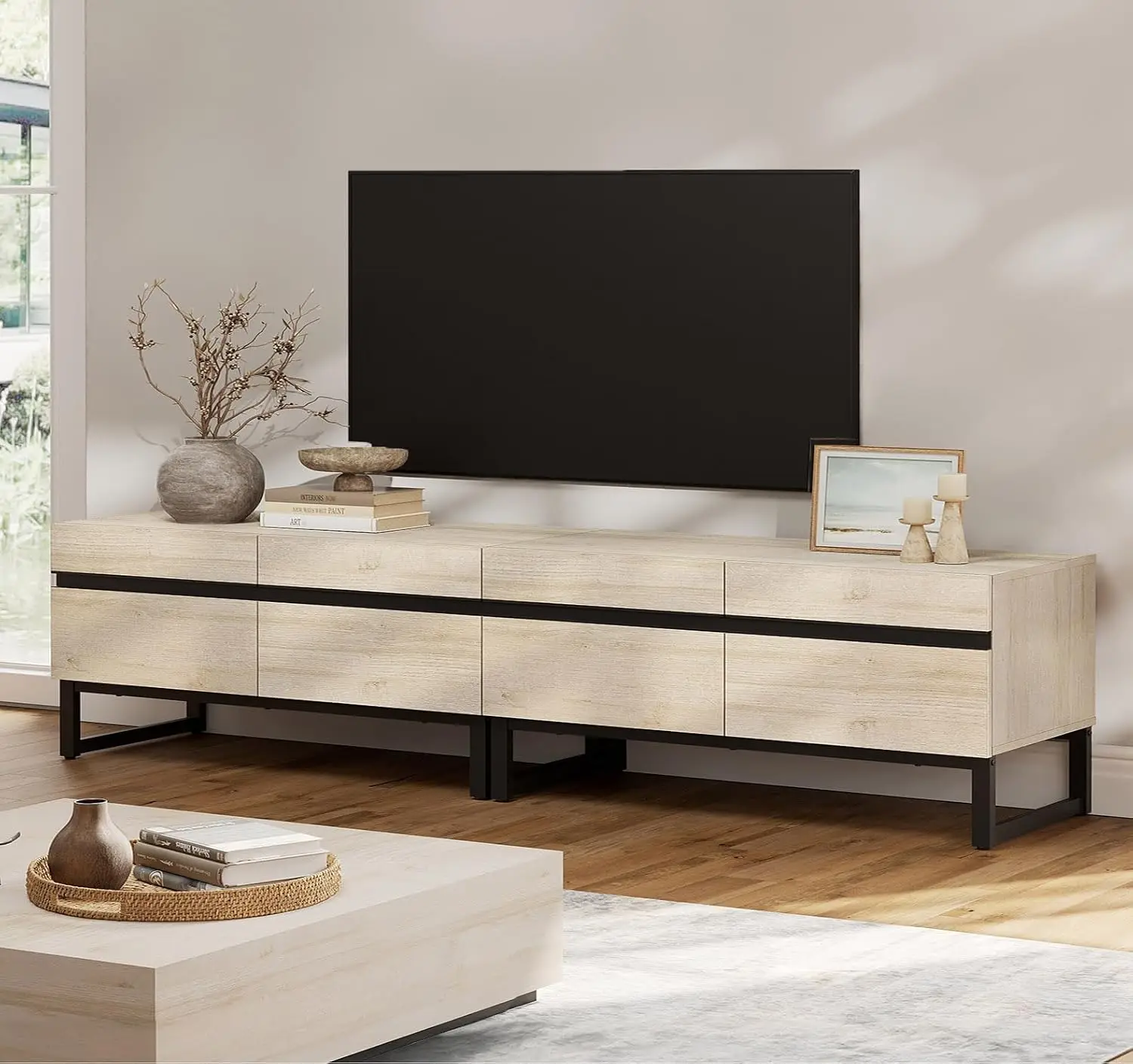 Modern TV Stand 50-75 Inch TVs Oak Entertainment Center Metal Base Storage Cabinets Media Console Living Room 2Pcs