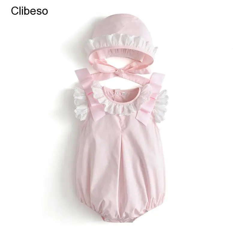 2024 Baby Girls Pink Rompers Clothes For Kids With Hats Summer Children Spanish Clothing Girl Cotton Bubbles Newborn Jumpsuits