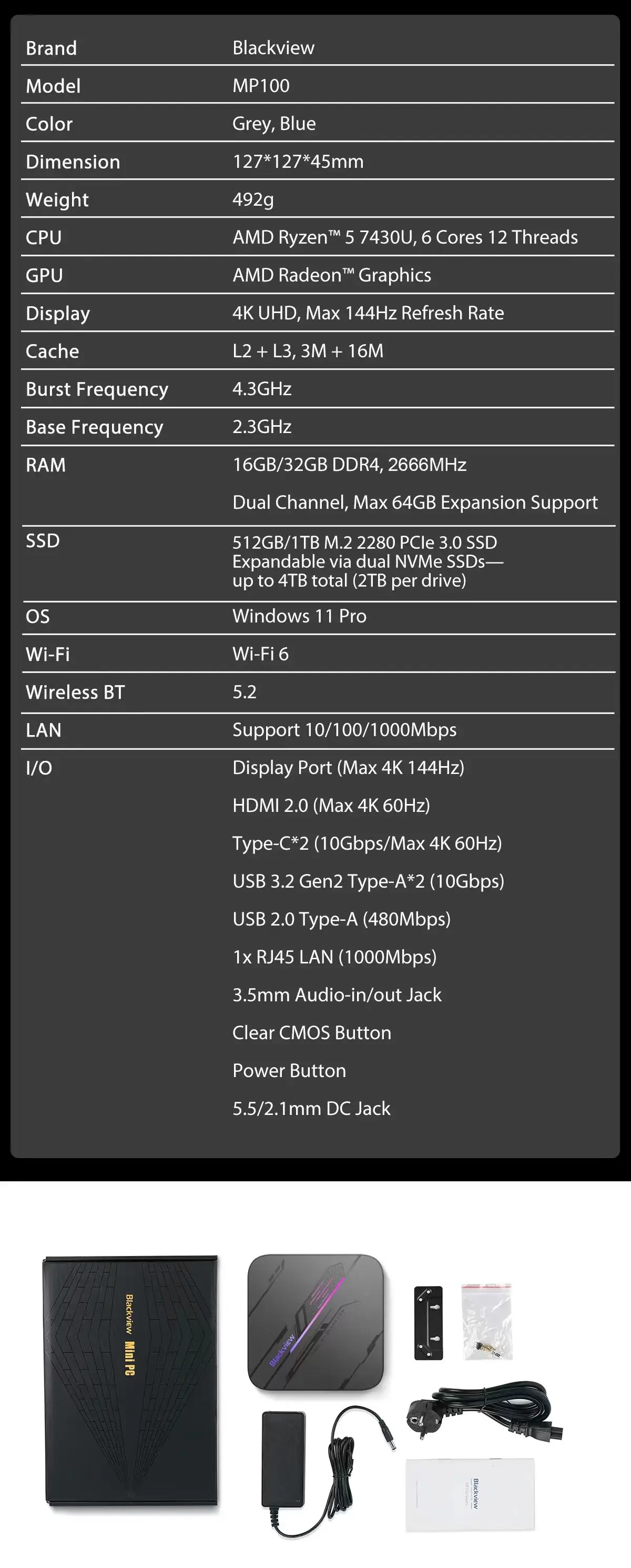 Blackview MP100 NEW Mini PC AMD 7430U Windows 11 6-Core 12-thread 16GB + 512GB SSD WiFi 6 Mini Computer PC BT5.2