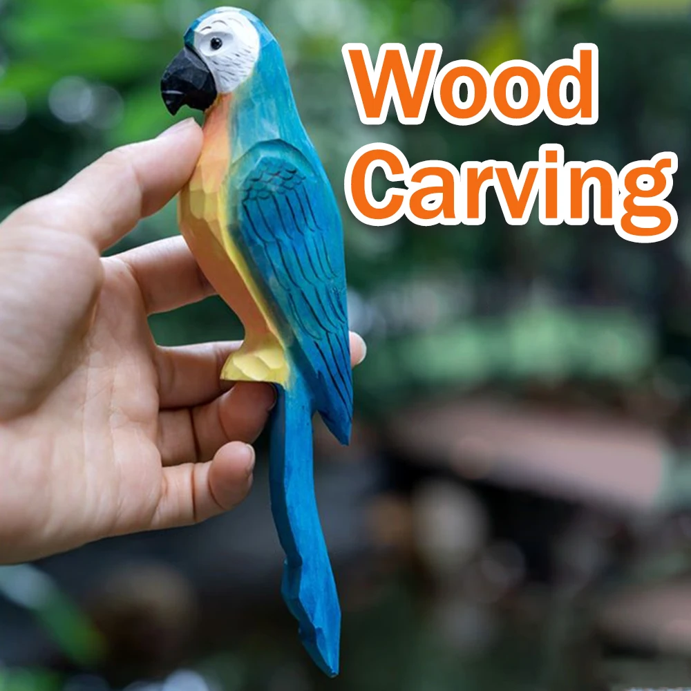 Handcrafted Wood Carving Cockatiel Desk Decoration Wooden Macaw Ornament Figures Wood Hand Carved Wood Crafts Office Bird Statue