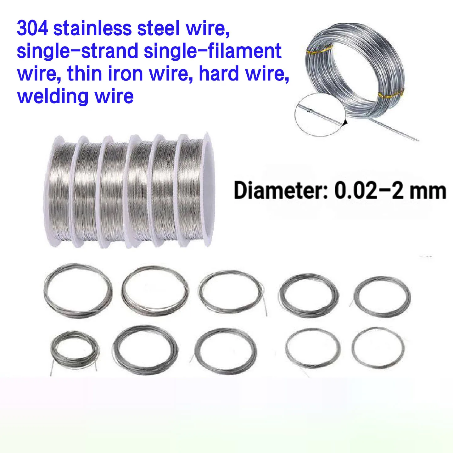 304 Stainless Steel Single Strand Hard Wire 0.02/0.03/0.04/0.05/0.06/0.1/0.12/0.15/0.18/0.2/0.25-2mm Fine Welding Wire for DIY