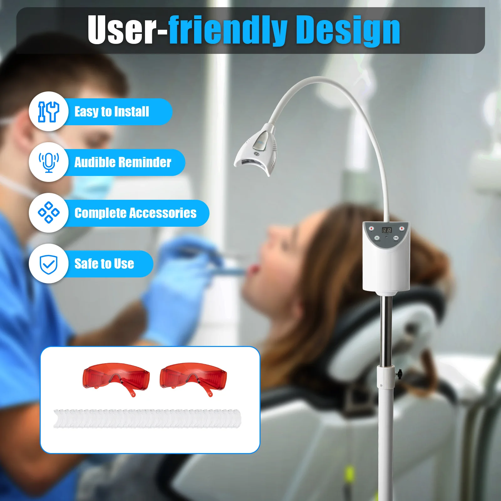 Mobile Dental Teeth Whitening Machine 2000mW/cm² LED Cold Light Bleaching Accelerator Lamp Device w/5-30min Timer&Remote Control