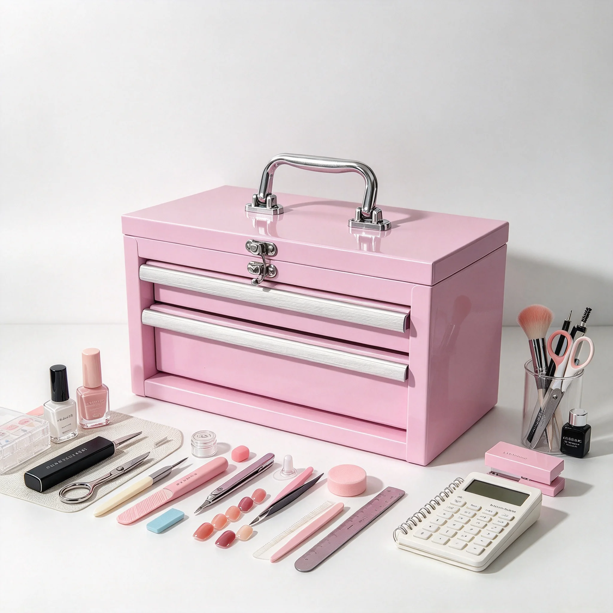 a forPortable Pink Metal Tool Box with 2 Drawers, Lockable Flip Top Steel Storage Cabinet for Makeup, Nail Art