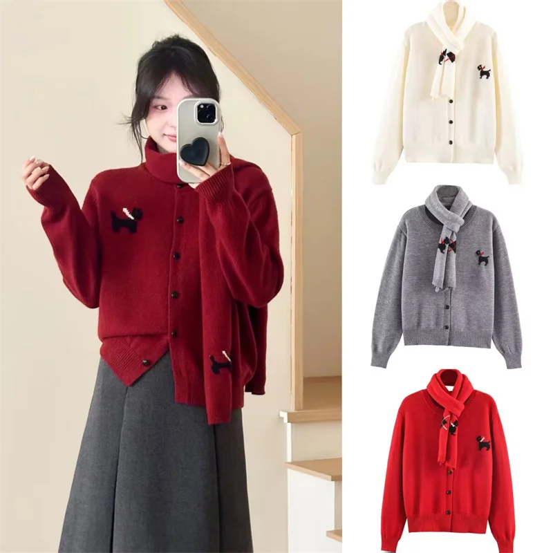 

Женская куртка 2025, зимняя новая стильная однотонная куртка-кардиган с длинными рукавами и шарфом, простая базовая вязаная куртка-кардиган, повседневная мода