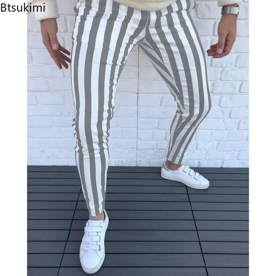 2024 New Men\'s Pencil Pants Fashion Classic Casual Striped Print Trousers Male Streetwear Business Sport Slim Pants Men Clothing