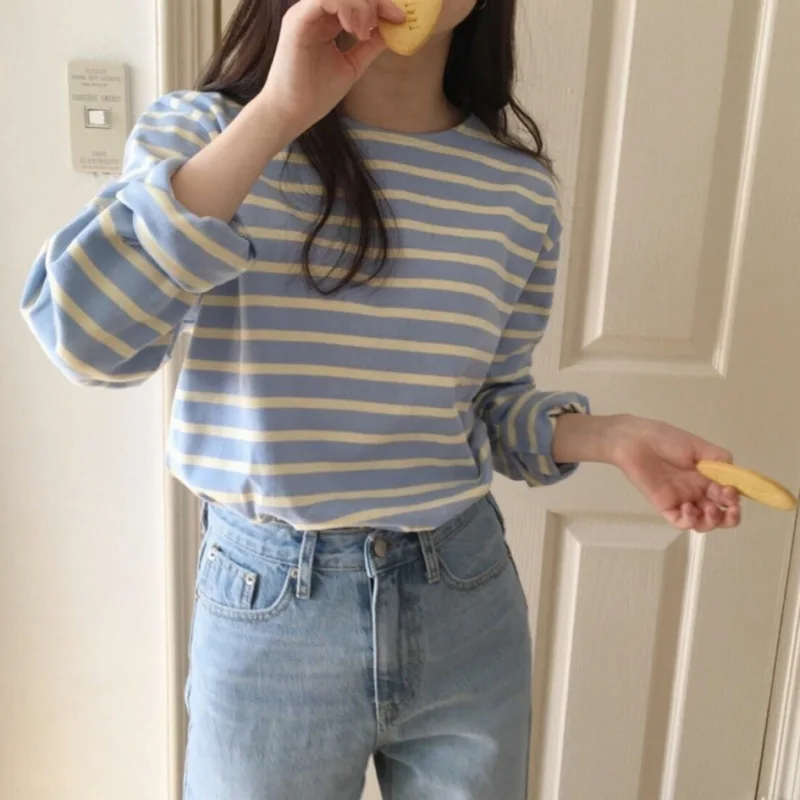 New 2023 Bottoming Basic Korean Style Fashionable Striped Wild Lady Women's Autumn Winter T-shirt Pink Tops