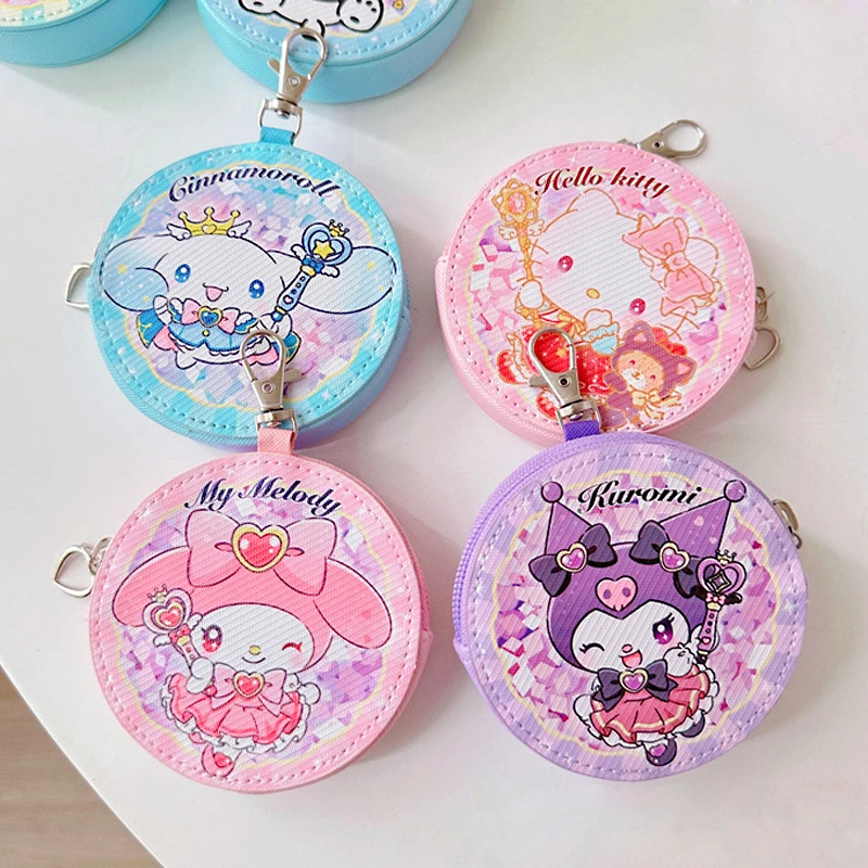 Cartoon Hello Kitty Round Coin Purse PU Leather Small Nummular  Wallet Kuromi Melody Design Keys Earphones Mini Storage Bag