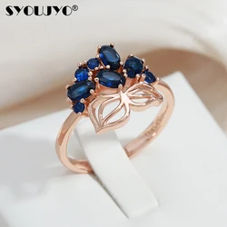 SYOUJYO Shiny Blue Cubic Zircon Women's Ring 585 Rose Golden Hollow Flower Luxury Jewelry