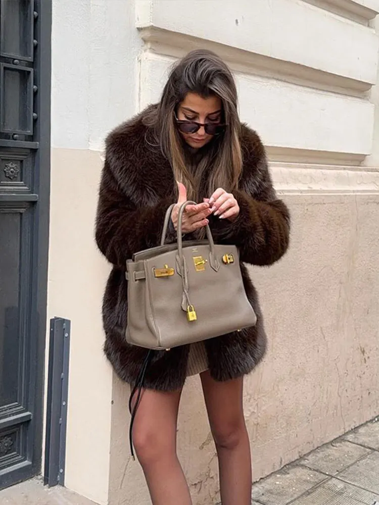 With Belt Fur Coat Fluffy Large Heart Shaped Waist Cinching Deep V Mid Length Overcoat Warm Plush Women Trend Outwear Winter Top