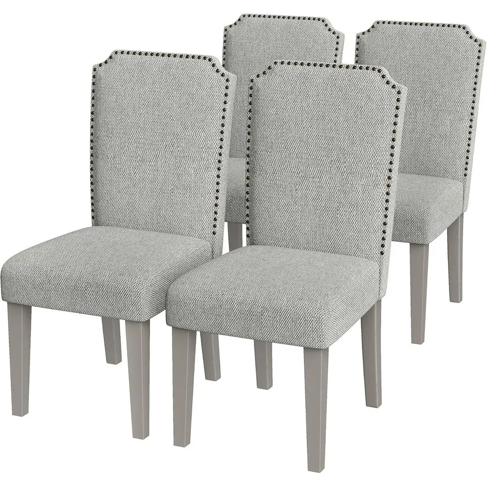 Grey Upholstered Solid Wood Dining Chairs Set, High Back Padded Seats with Nail Trim, 4-Piece Kitchen Restaurant Chairs