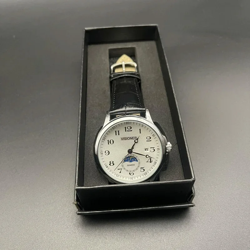 حار بيع! هايت الجودة الرجال الترفيه الاتجاه كوارتز ساعة الشمس القمر ستار ساعة جلد طبيعي التقويم جولة الفولاذ المقاوم للصدأ وات