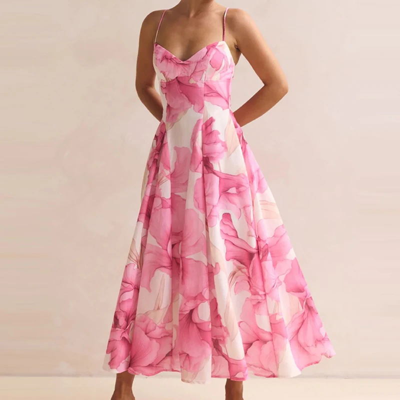 

Элегантное вечернее платье с открытыми плечами и плиссировкой, модное летнее платье с цветочным принтом, на бретельках, с завышенной талией, без рукавов, расклешенное.