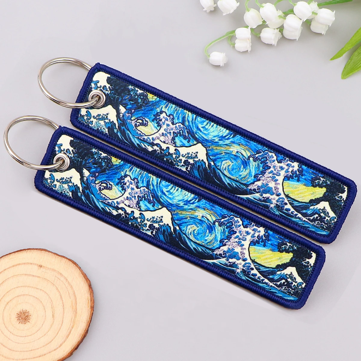 Wave Art Painting Key Tag Van Gogh Key Ring Motorcycles Cars Bag Backpack Chaveiro Embroidery Key Fobs Fashion Keychain Gifts