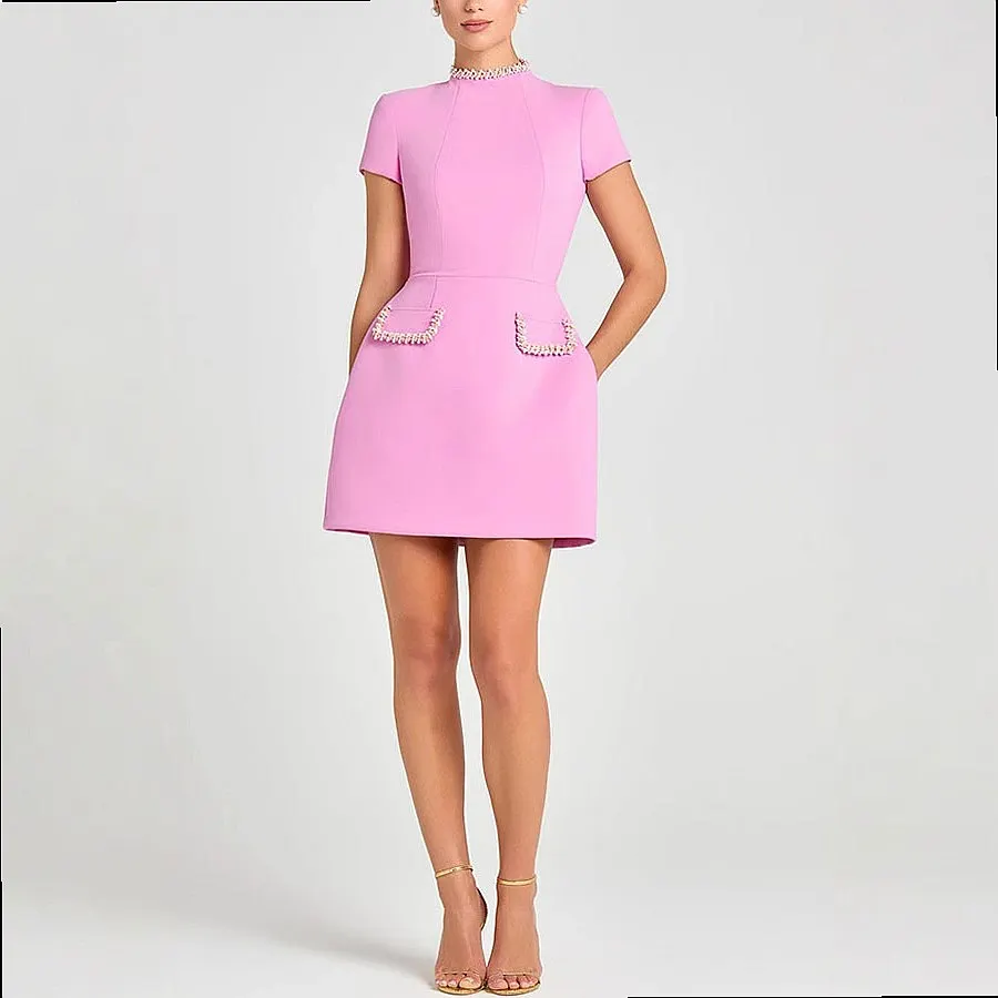 Chic Beaded Mini Dress Round Neck Bodycon Short Dresses Spring Summer