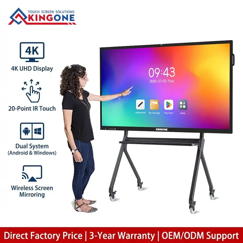 KINGONE 65 75 86 98 110 Inch Writing Classroom Interactive Digital Display Smart Teaching Board LCD Touch Screen Whiteboard
