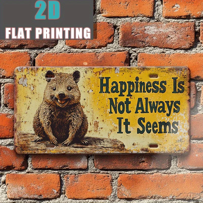 2D Flat, 1pc Short-Tailed Kangaroo Happiness Motto Vintage Aluminum License Plate, Sign, Display Stand, Warm Style