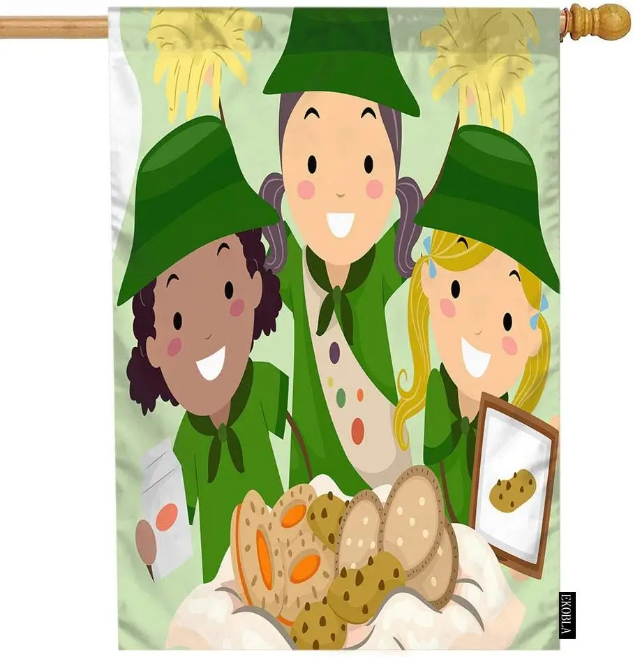 EKOBLA Scouts Garden Flag Biscuits Sell Cartoon Hat Green Food Adorable Drawing Decorative Waterproof Garden Flags for Farmhouse