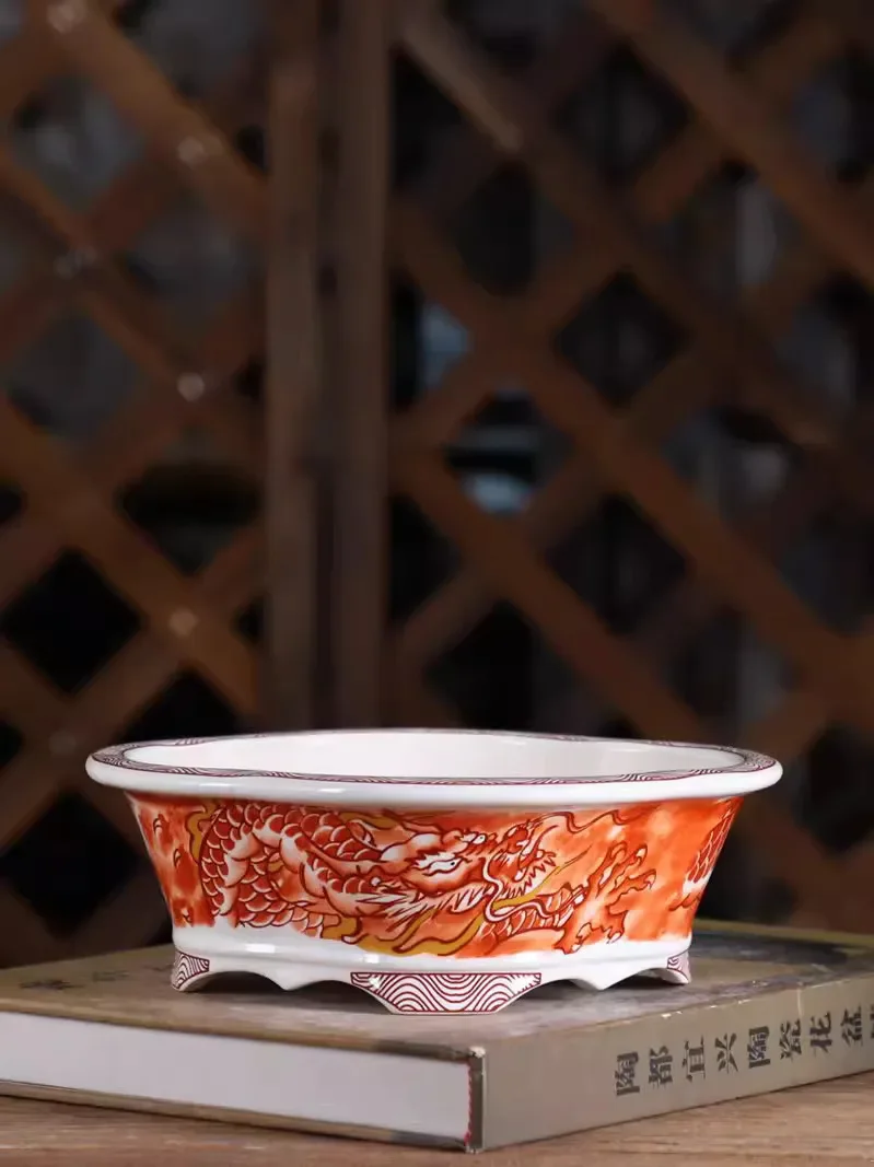 Porcelain Red Dragon Bonsai Pot Tradition Chinese Pattern Room Home Table Desk Garden Decoration