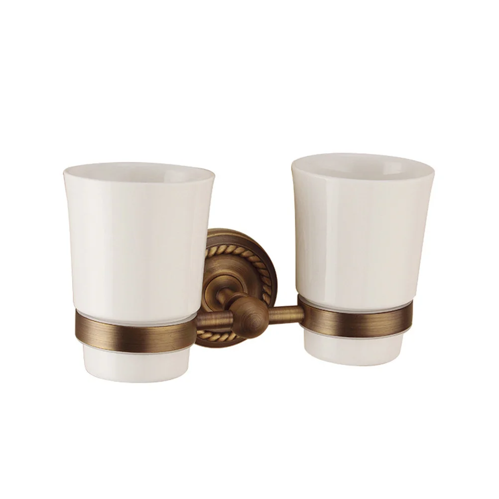 

Double Cup Toothbrush Holder Polished Copper Rust Free Wall Mounted Ceramic Cups Bathroom Organizer Rack Toothbrush Cup Holder