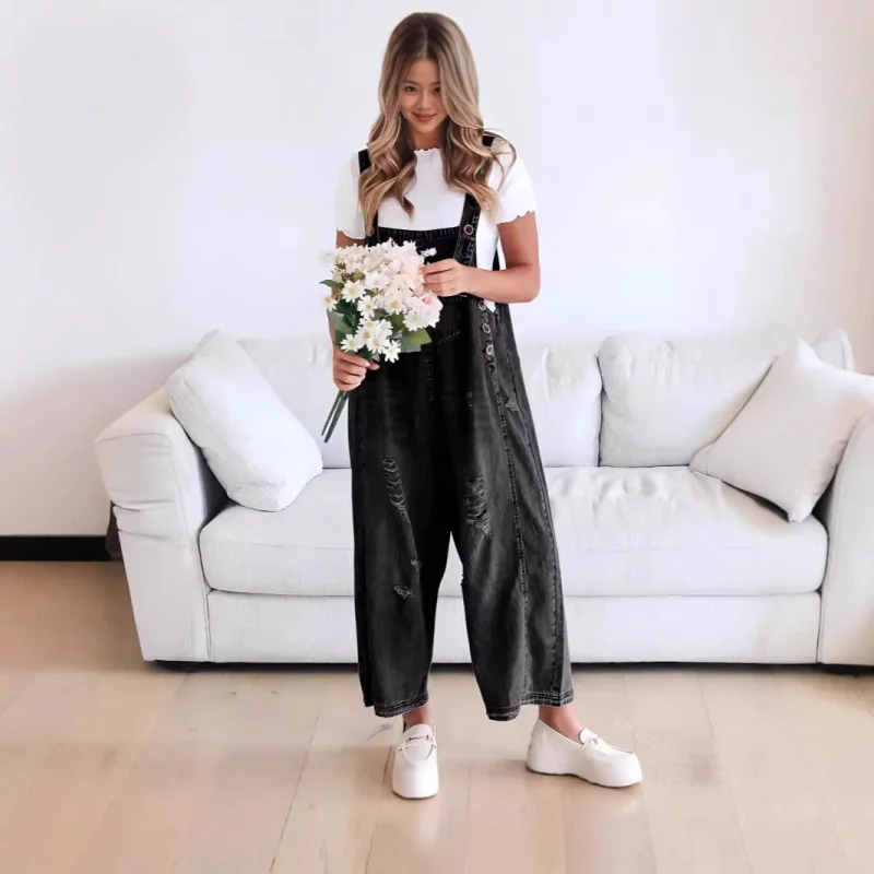Nuove donne moda allentata tuta casual pantaloni con bretelle jeans tascabili in difficoltà da donna