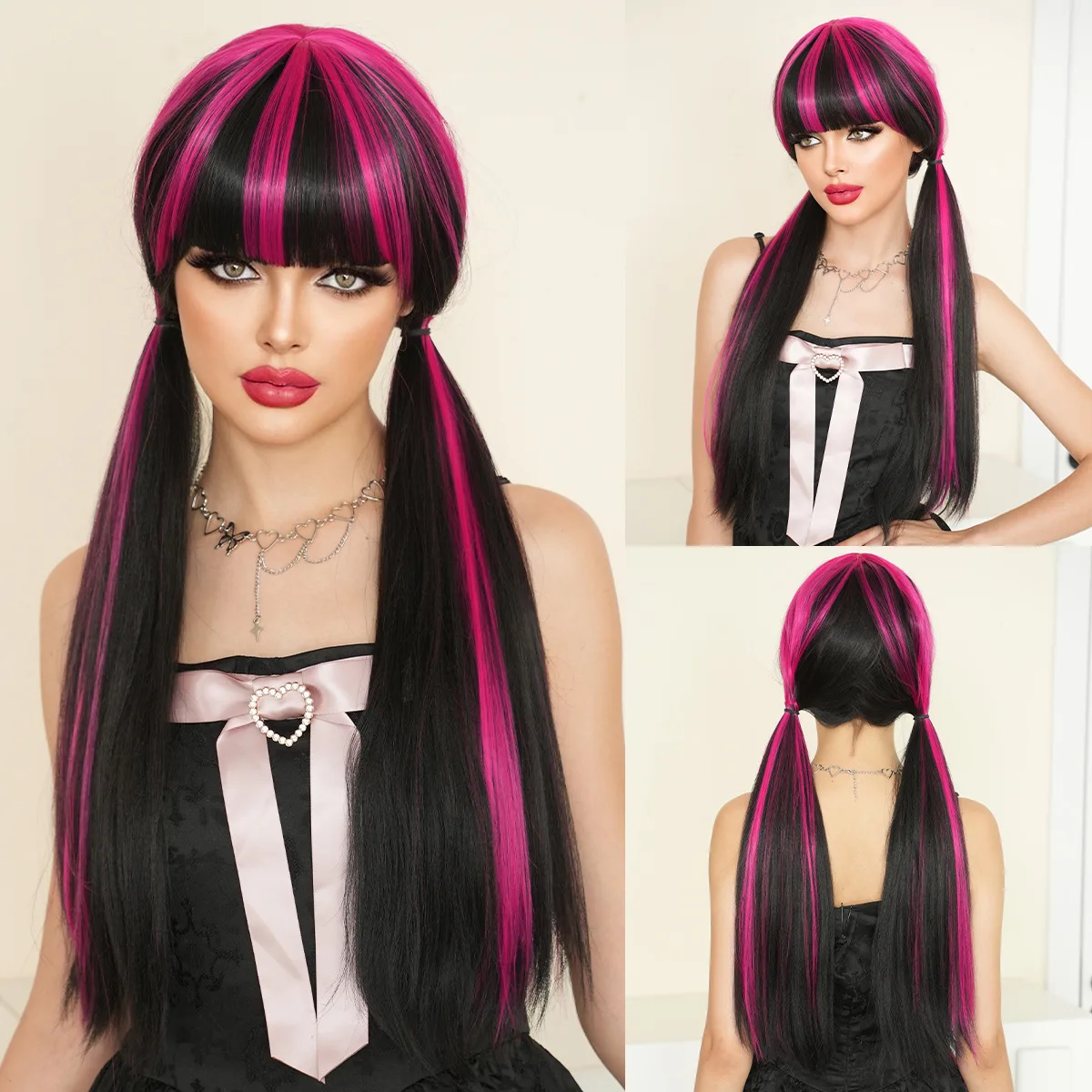 Black Rose Long Straight Synthetic Wig Braided Animated Character for Draculaura Halloween Vampire RPG Wigs Party Women