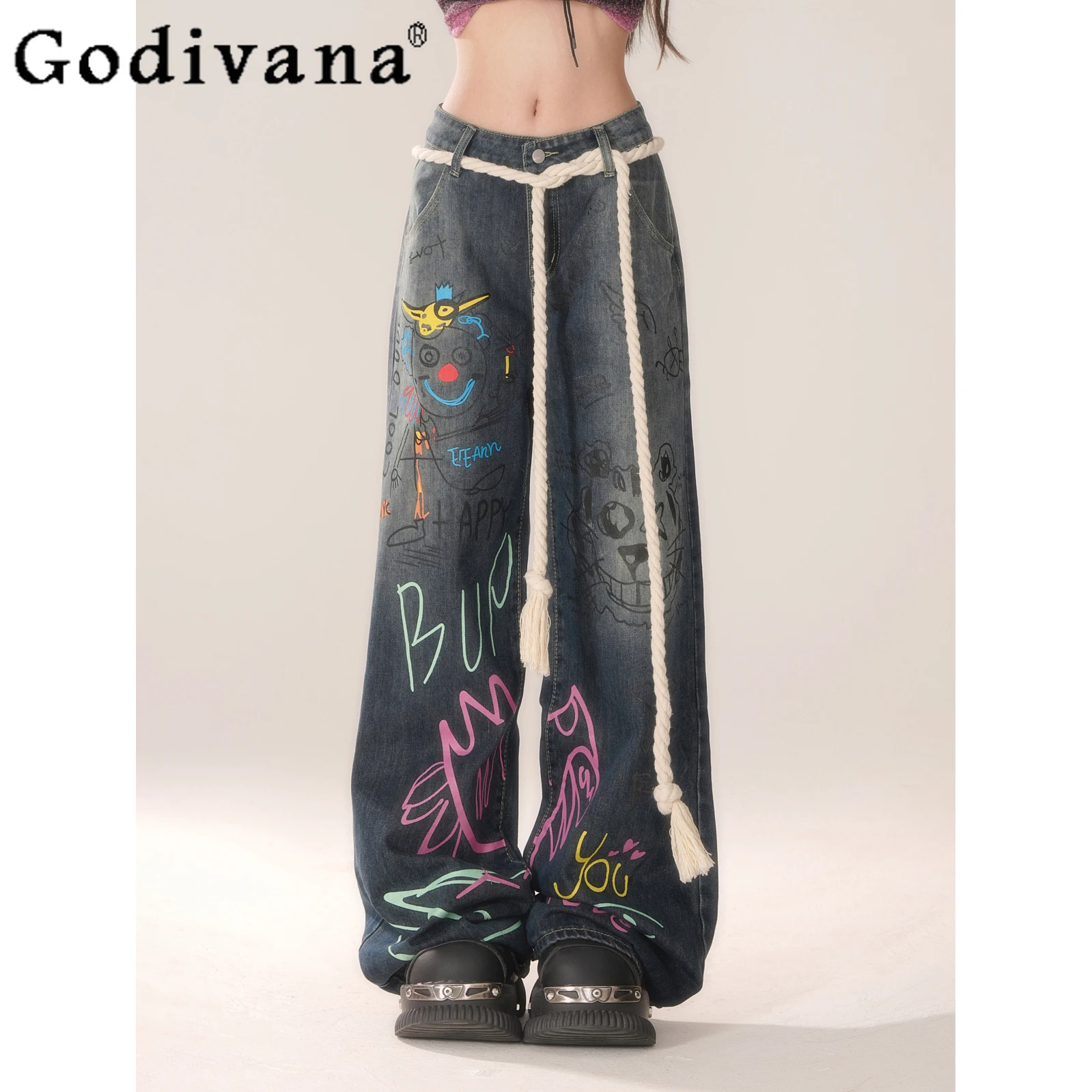 American Retro JK Streetwear Graffiti Wide-Leg Pants Hot Girl Autumn Fashion Loose Slim Jeans Women Elegant All-Match Blue Pants