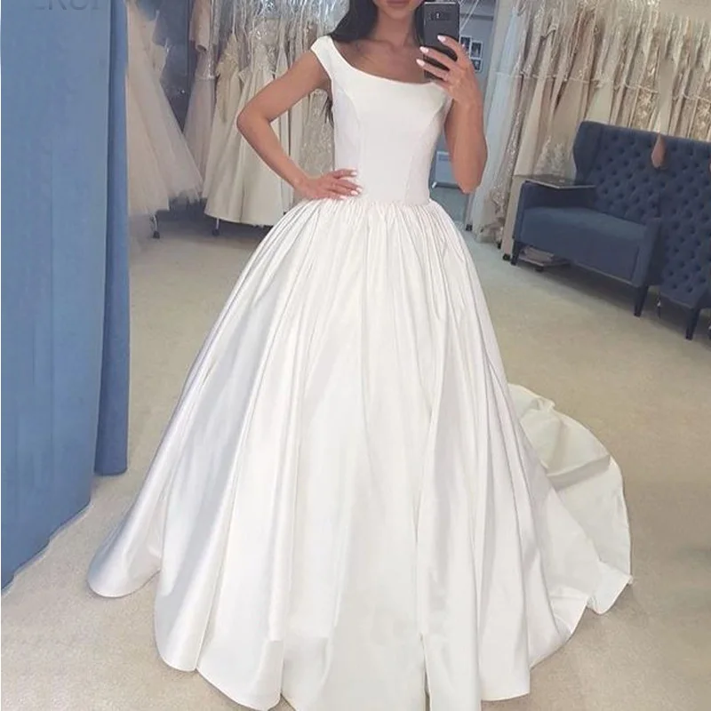 

White Ivory Simple Satin Wedding Dresses Cap Sleeves Princess Ball Gown zipper Back Scoop Neck Bride Dresses Wedding Gowns