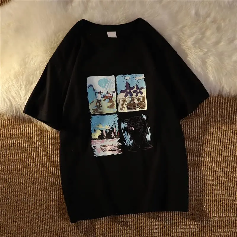 Women Vintage Short Sleeve T-Shirt Summer Print Oversized Tee Harajuku Japenese Streetwear Aesthetic Indie Pullover Top