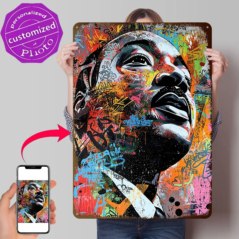 Martin Luther King Jr. Graffiti Art Personalized 3D Textured Metal Poster Wall Art Tinplate Sign for Vintage Retro Decoration