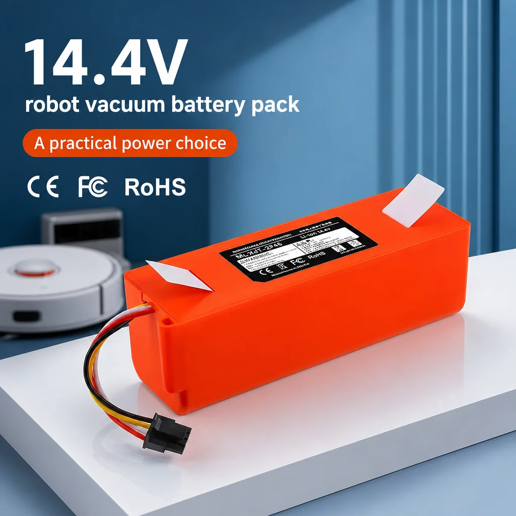 14.4V Robot Vacuum Li-Ion Battery Pack Replacement with Orange Housing Wire Harness and Capacity Options for Cleaner Repair