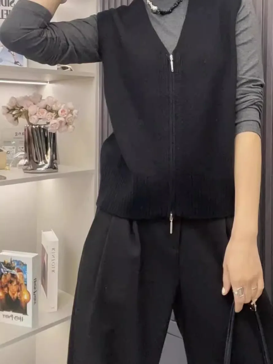 Stylish Knitted Sweater Vest Women's Fashionable Outerwear Spring Autumn V-neck Regular Length Medium Warmth Index Zipper