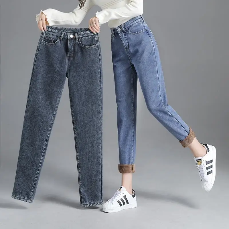 Winter Warm Fleece Jeans Women\'s High Waist Thick Harlan Straight Denim Pants Plus Size Loose Trousers Lady High Waisted Jeans