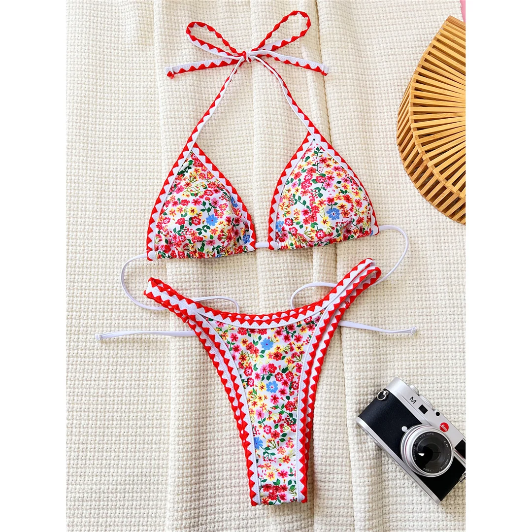 Sexy, mit Blumenmuster bedruckter Bikini mit Neckholder, Damen-Badeanzug, zweiteiliges Bikini-Set, brasilianischer Badeanzug, Badebekleidung, Modell V5521. – Detail 8
