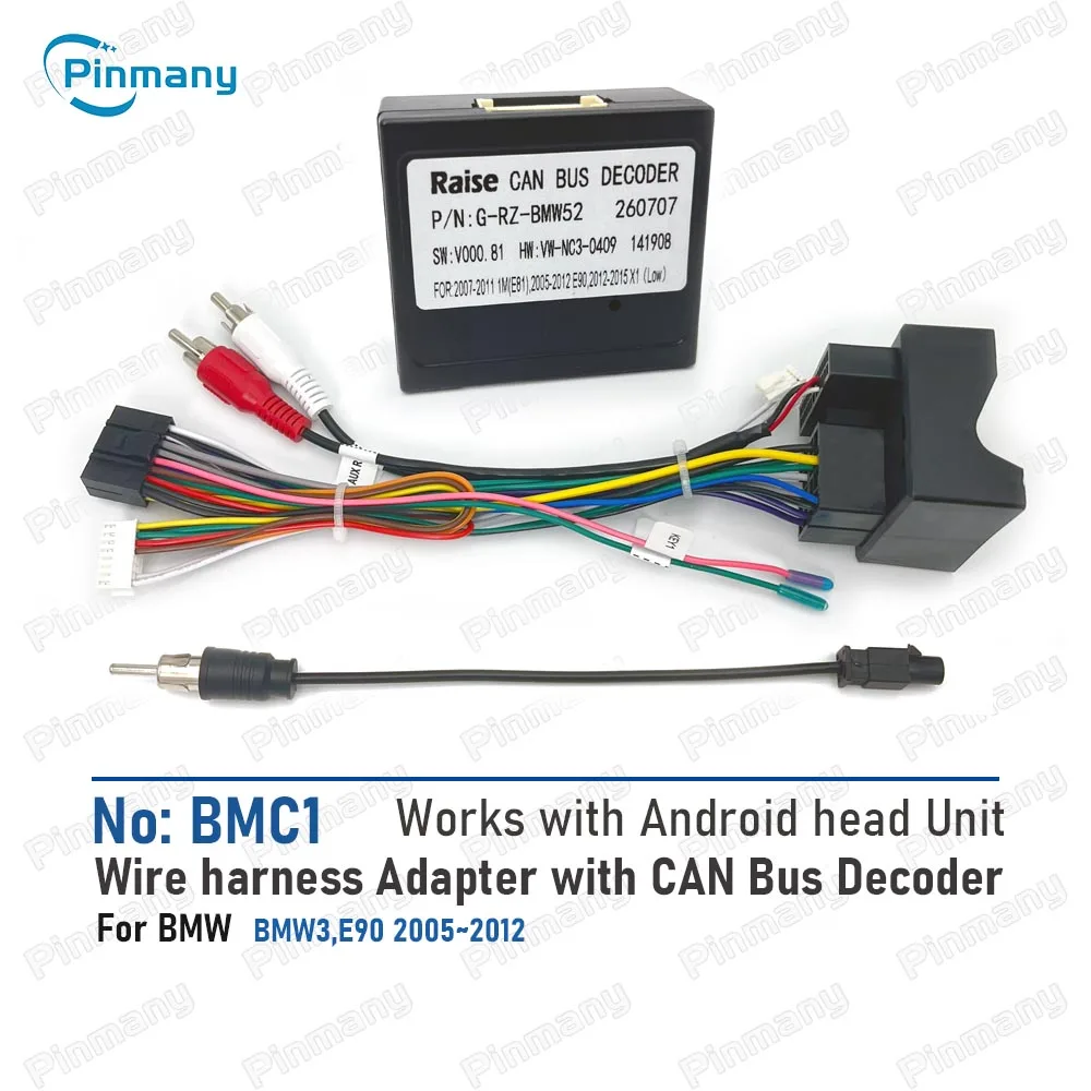 BMC1 40-Pin to 16-Pin Android Car Radio Wire Harness Adapter with RAISE G-RZ-BMW52 CAN Bus Decoder for 2005~2012 BMW 3 E90