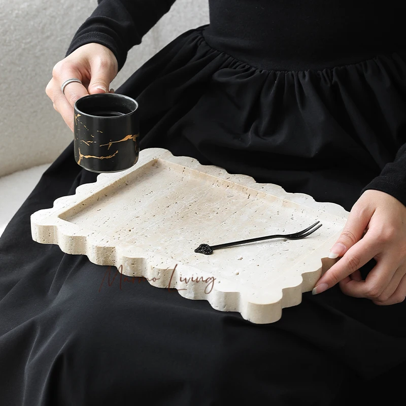 

Natural Travertine Tray with Scalloped Edge Rectangle Vanity Tray for Bathroom Kitchen Counter Dresser Home Decor