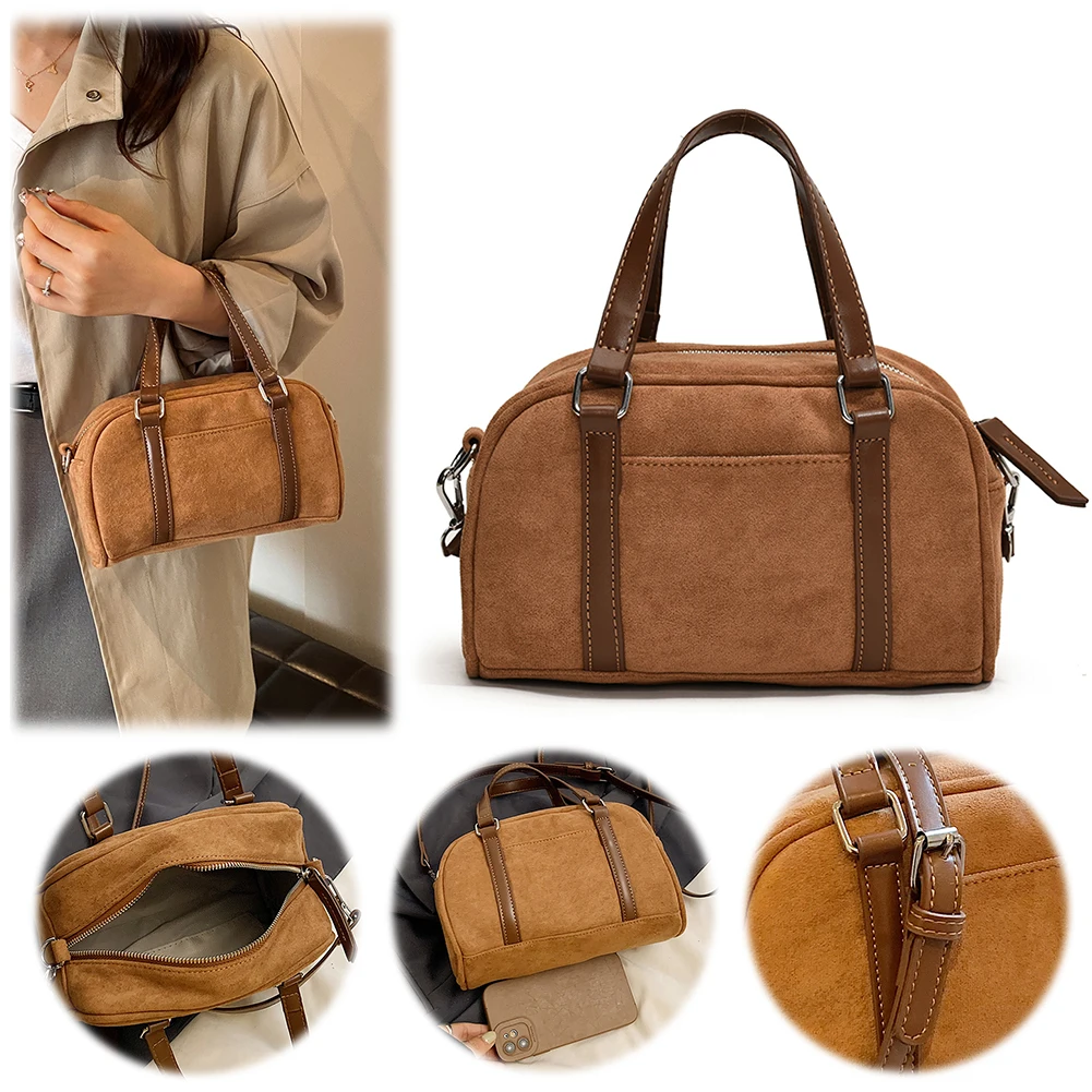 Women Suede Shoulder Bag Adjustable Strap Tote Bag with Interior Pocket Zipper Handbag for Work Travel