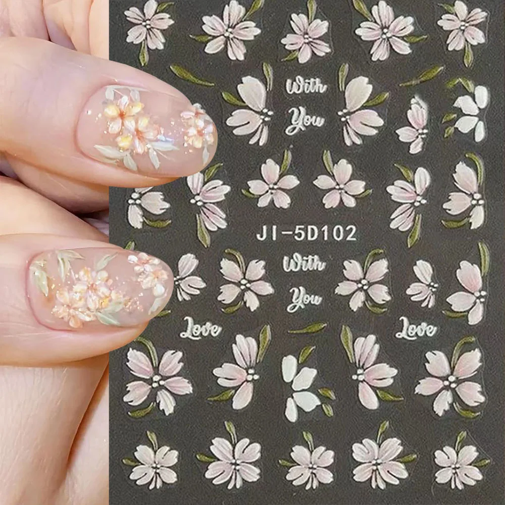 1 Sheet 5D Embossed Sakura Flower Nail Stickers For Nail Art Design Cherry Blossom Petals Manicure Stickers Decals Supplies