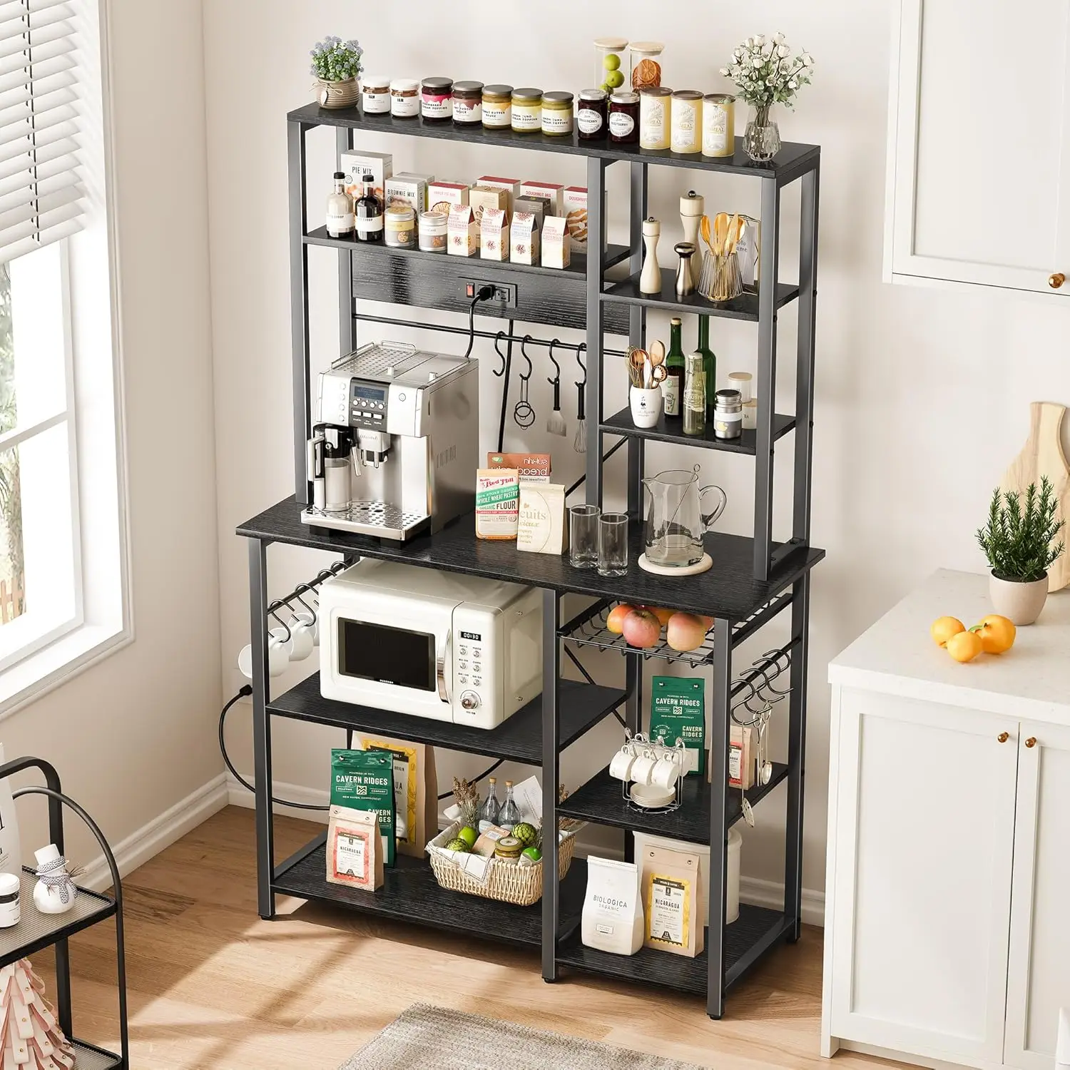 Power Outlets, 6-Tier Microwave Stand, Coffee Bar with 12 S-Shaped Hooks, Kitchen Shelf